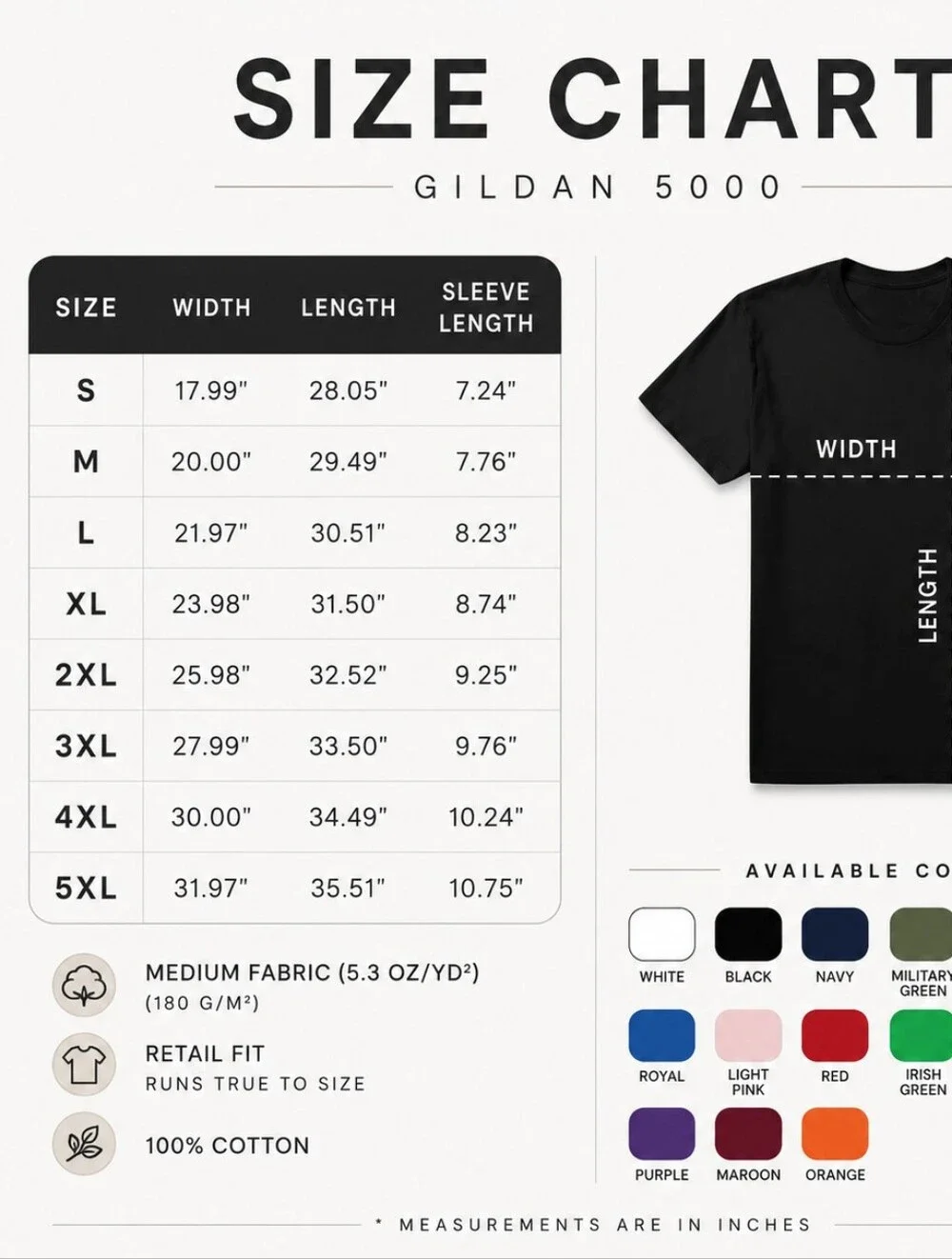 Gildan Black Graphic Tee with Measurement Guide